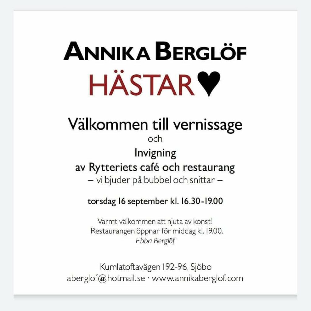 Vernissage och invigning av Rytteriets café och restaurang i Sjöbo den 16 september kl. 16.30 - 19.00